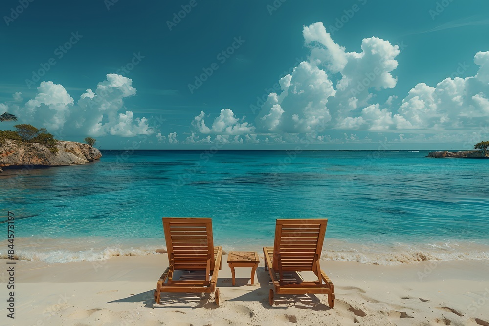 Tropical Beach Paradise with Two Empty Lounge Chairs by the Ocean - Perfect for Summer Vacation and Travel Inspiration Tropical Beach Paradise with Two Empty Lounge Chairs by the Ocean - Perfect for Summer Vacation and Travel Inspiration