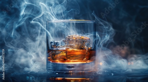 A dramatic shot of a whiskey glass with smoke swirling around, giving a mysterious and alluring feel photo