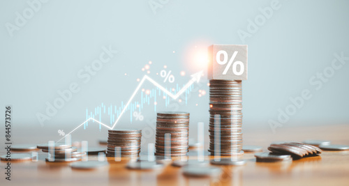 Finance chart showed a significant increase in stock market profits, driven by higher interest rates and steady growth in money investments. finance, growth, increase, interest, money, profit, stock. photo