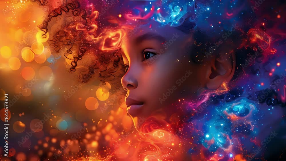Video of young black skin girl with curly hair in a colorful, abstract space. Video is a representation of the girl's inner thoughts and emotions, emotional intelligence