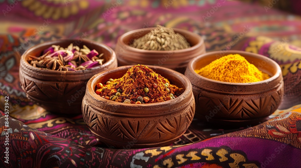 A close-up view of traditional Moroccan spices in rustic clay bowls, arranged on a colorful fabric background. The spices include saffron, ras el hanout, and cinnamon. Generative AI A close-up view of traditional Moroccan spices in rustic clay bowls, arranged on a colorful fabric background. The spices include saffron, ras el hanout, and cinnamon. Generative AI