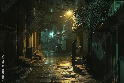 A dimly lit alley with a lone figure counting a wad of cash evoking the secretive and illegal aspects of corruption