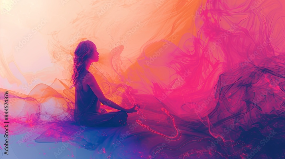 Obraz premium A woman is meditating in a cross-legged position, enveloped in swirling, vibrant hues of pink, purple, and orange abstract background