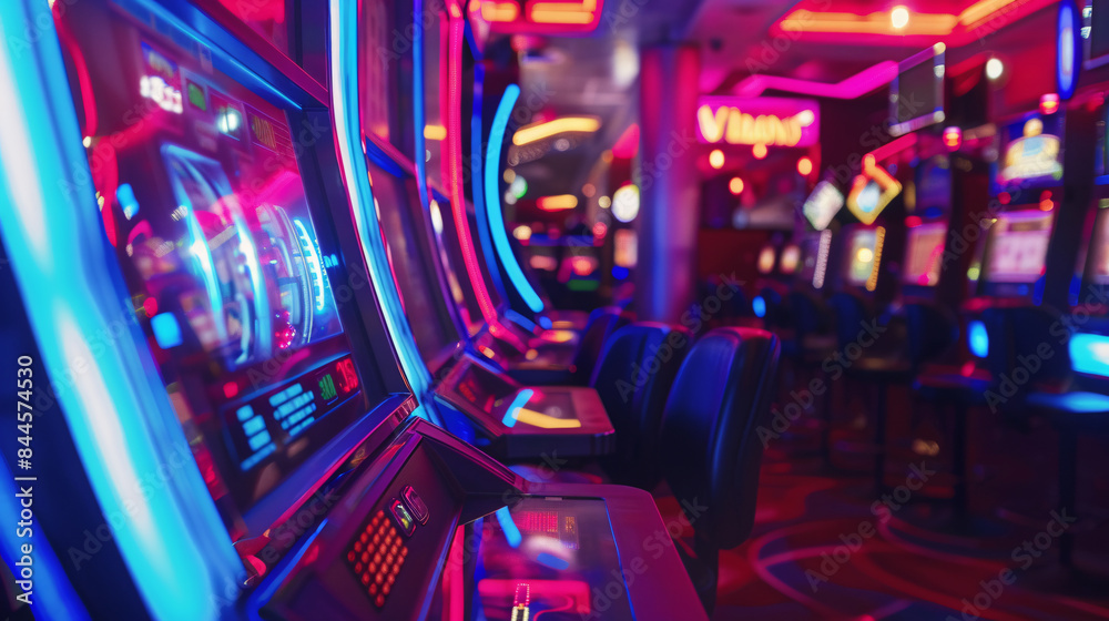 Slot machine area in a casino, vibrant lights and sounds creating an energetic atmosphere