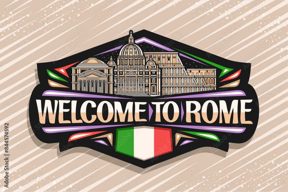 Welcome Beautiful Rome Vetor de Vector logo for Rome, black decorative tag with outline ...