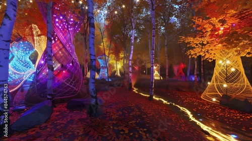 Autumn festival with vibrant leaves  giant art  glowing river  soft music  and lantern-lit paths.