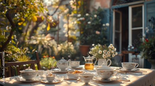 A quaint countryside tea party with tables set with delicate china and pots of fragrant jasmine tea.