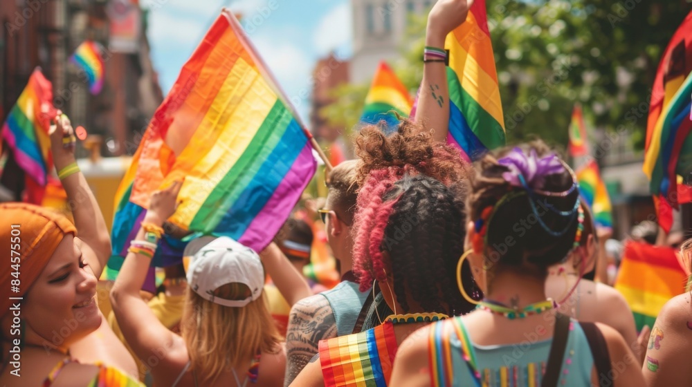 Crowd celebrating with rainbow flags at a public event