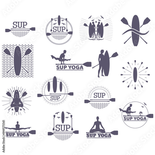 Surfboard and paddles. Surfing graphic and emblem for web design or print. Stand up paddle boarding designs set