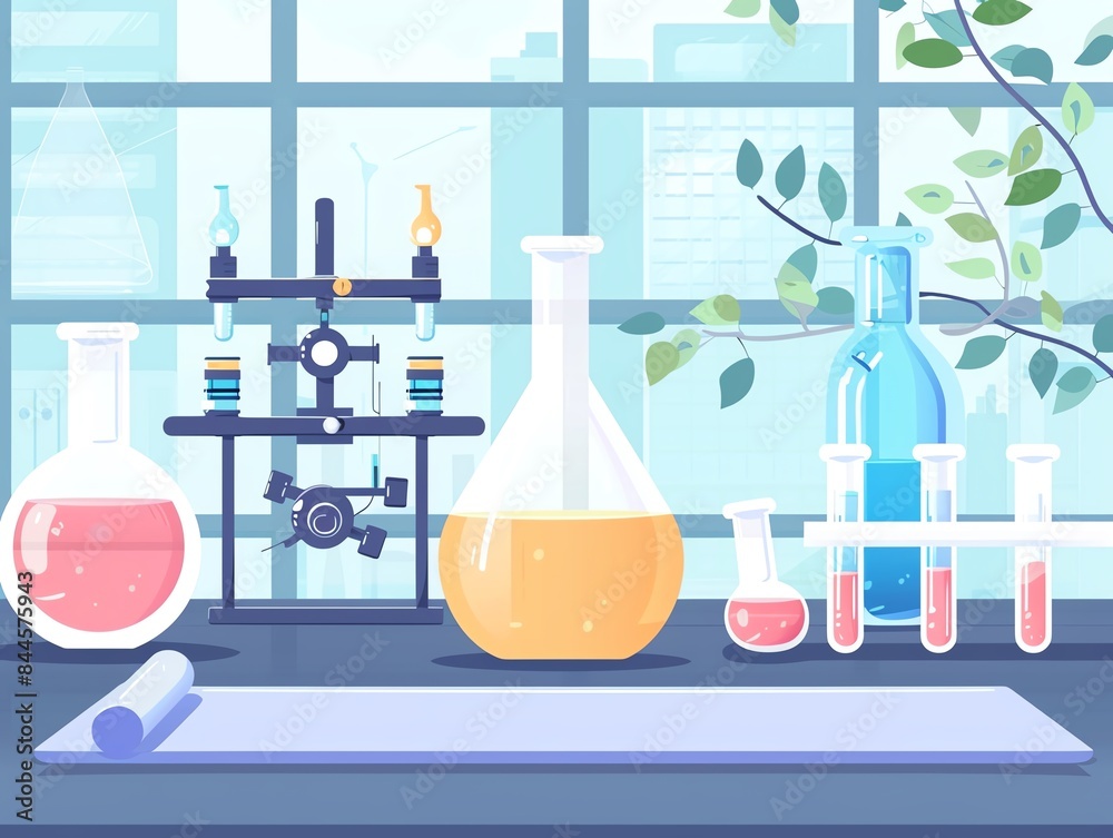 Illustration of a science lab with beakers, test tubes, and scientific equipment near a large window providing natural light. Illustration of a science lab with beakers, test tubes, and scientific equipment near a large window providing natural light.