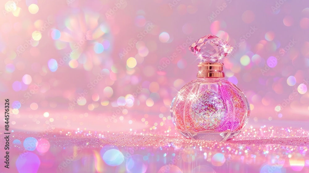 A beautiful translucent pink perfume bottle sits on a table covered in glitter against a backdrop of out of focus pink and white lights. A beautiful translucent pink perfume bottle sits on a table covered in glitter against a backdrop of out of focus pink and white lights.