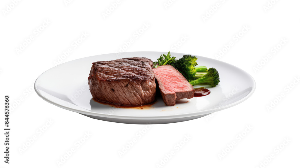 Beef steak served in plate on white isolated on clear png background and transparent background. food drink and dessert concept for cafe and restaurent, AI generative. Beef steak served in plate on white isolated on clear png background and transparent background. food drink and dessert concept for cafe and restaurent, AI generative.