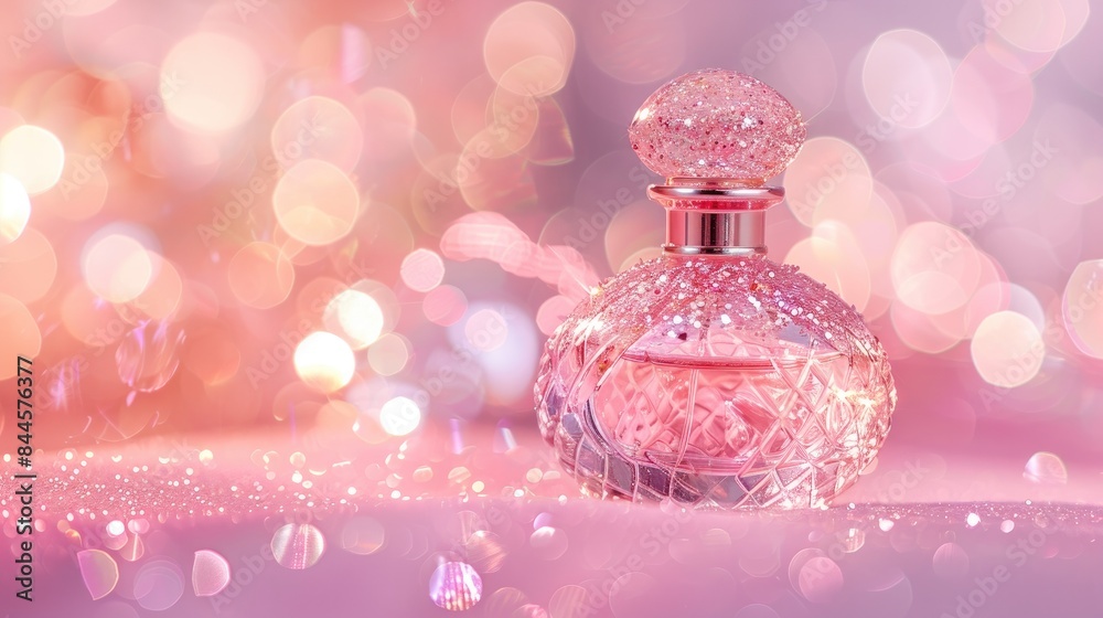 A beautiful translucent pink crystal glass perfume bottle sits on a bed of the same colored glitter with a beautiful out of focus background of the same color. A beautiful translucent pink crystal glass perfume bottle sits on a bed of the same colored glitter with a beautiful out of focus background of the same color.