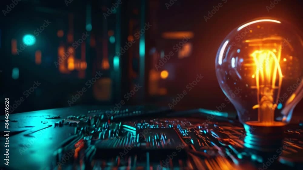 A light bulb on top of a circuit board with a green background.