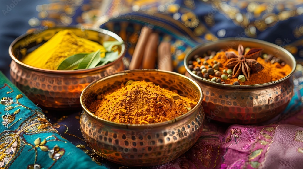 Close-up of three copper bowls filled with various Indian spices, including turmeric, cumin, coriander, and garam masala, resting on a colorful fabric background. Generative AI Close-up of three copper bowls filled with various Indian spices, including turmeric, cumin, coriander, and garam masala, resting on a colorful fabric background. Generative AI