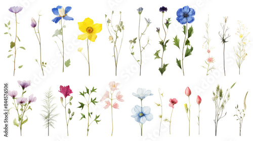 Set of watercolor wildflowers painting isolated on clear png background and transparent background. Fresh and nature concept for nature decorative and flower element, AI generative.	