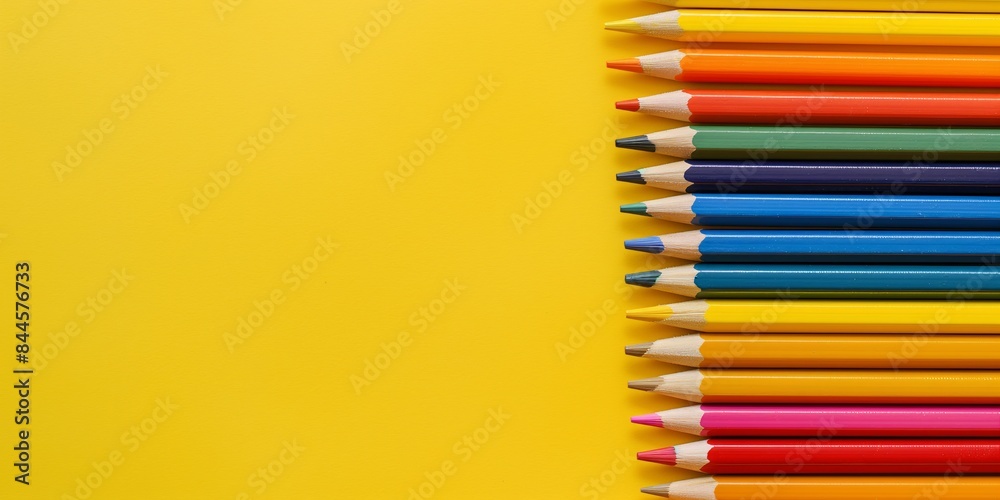 Image shows a collection of brightly colored pencils aligned on a vibrant yellow background, demonstrating a perfect example of order and creativity in art supplies. Image shows a collection of brightly colored pencils aligned on a vibrant yellow background, demonstrating a perfect example of order and creativity in art supplies.