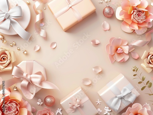 Elegant pastel gift boxes with ribbons and flowers on a beige background. Perfect for celebrations, weddings, or romantic events.