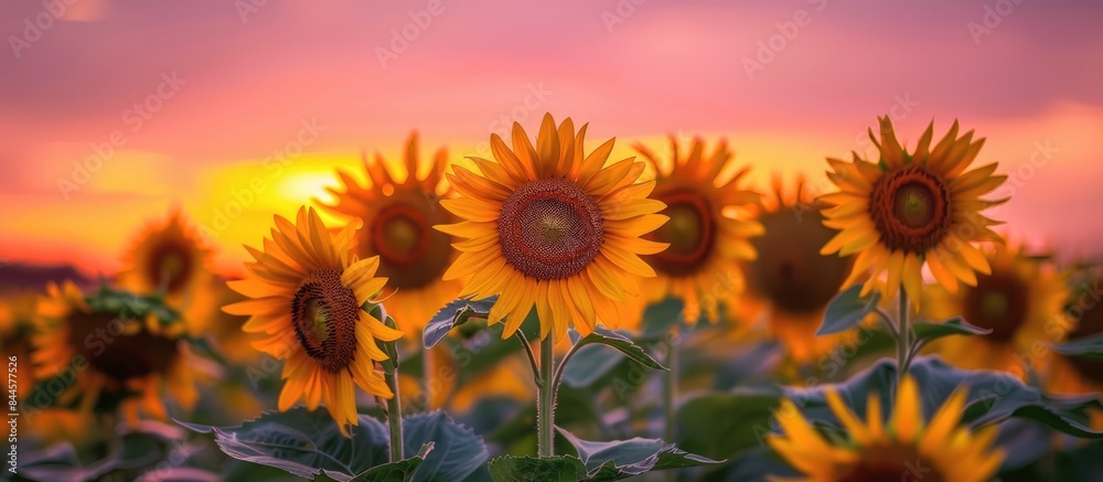 Obraz premium Sunflowers in full bloom set against a vibrant sunset backdrop