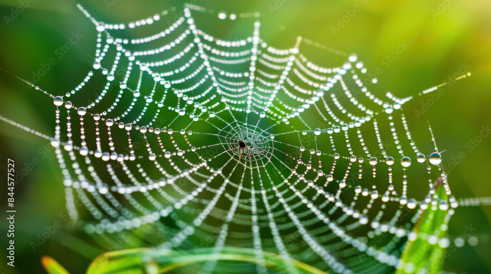 A Delicate Spider Web Adorned with Dewdrops Stretched Across a Lush Green Field Against a Soft, Out-of-Focus Green Foliage Background Reflecting a Peaceful and Serene Mood A Delicate Spider Web Adorned with Dewdrops Stretched Across a Lush Green Field Against a Soft, Out-of-Focus Green Foliage Background Reflecting a Peaceful and Serene Mood