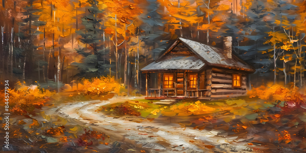 Cozy Autumn Cabin Nestled in a Vibrant Forest Landscape Oil Painting Cozy Autumn Cabin Nestled in a Vibrant Forest Landscape Oil Painting