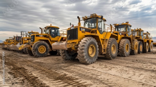 A fleet of yellow Caterpillar wheel loaders parked in a row on a construction site with cloudy skies