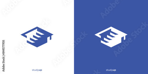 Study Up Logo Designs. Toga Hat and Staircase with Minimalist Style. Education Logo, Icon, Symbol, Vector, Design Template.