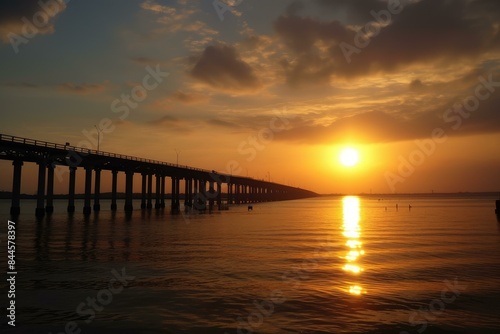 Serene sunset over a tranquil sea with a silhouette of a pier extending into the horizon