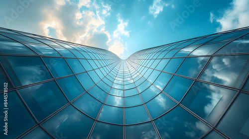 dynamic curves of a modern glass building with clear blue sky bottom to top view