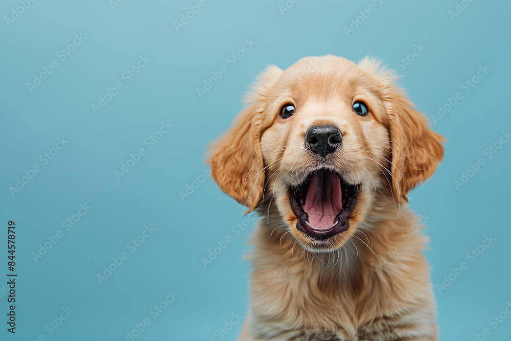 Against a light background, a close-up portrait captures a joyful Golden Retriever puppy with a wide smile and bright eyes. Against a light background, a close-up portrait captures a joyful Golden Retriever puppy with a wide smile and bright eyes.
