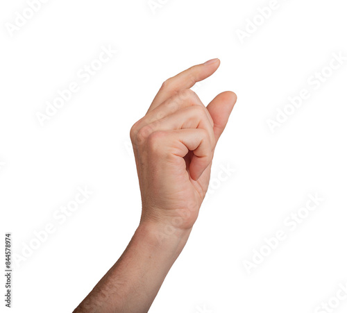 Hand holding a little bit of something, isolated on white background. Gesture indicating a pinch or small grasp, ideal for interaction and communication concepts. Close up view, transparent PNG