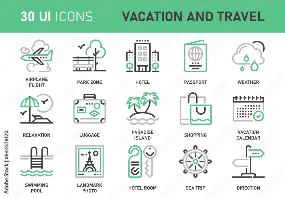 Vector set of travel and vacation flat line web icons. Each icon with ...
