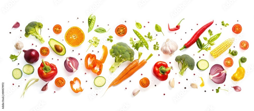 Unique arrangement of flying vegetables on a white backdrop. Flat lay showcasing a variety of food items like avocado, broccoli, corn, peppers, carrot, garlic, onion, beetroot, tomato, and cucumber. Unique arrangement of flying vegetables on a white backdrop. Flat lay showcasing a variety of food items like avocado, broccoli, corn, peppers, carrot, garlic, onion, beetroot, tomato, and cucumber.