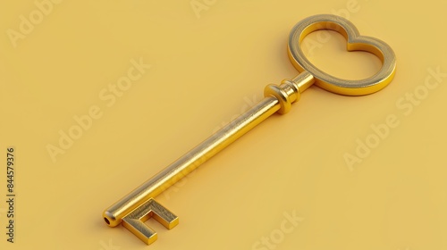 Golden Key: A 3D digital rendering symbolizing the attainment of financial security and success, portraying a lustrous golden key © Nutcha