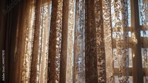 Background featuring elegant lace curtains illuminated by bright sunlight.