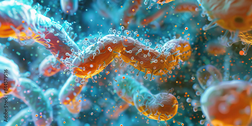 Bacterial Biofilm: A close-up of a bacterial biofilm, showing a community of bacteria encased in a matrix of extracellular polymeric substances (EPS), which protect them from environmental stresses an