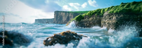 view of the mountains, Seaside Cliffs Dramatic blurred background image of seaside cliffs with waves crashing against the rocks, green grass on top, and a bright blue sky. 