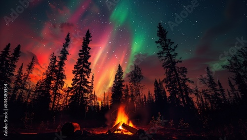 Vibrant aurora borealis displays over a warm campfire in a forest clearing, with silhouetted trees
