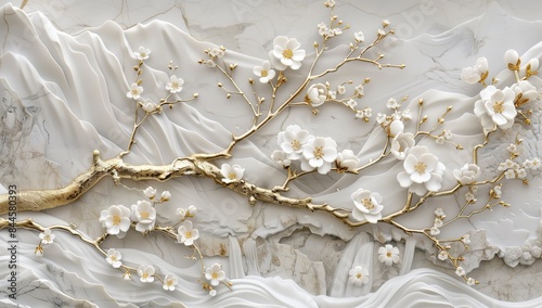 A luxurious 3D illustration of white marble textured background with gold branches and white flowers