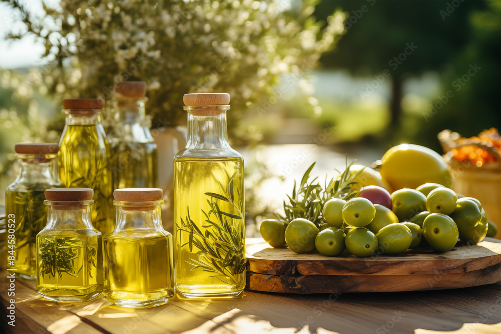 Olive oil in glass bottles, rosemary and green olives Olive oil in glass bottles, rosemary and green olives