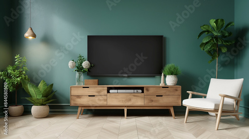 Scandinavian Living Room Style with Wooden TV Cabinet and Lush Green Wall, 3D Render photo