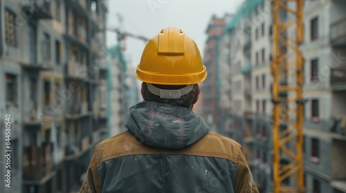 Builder man gazing into the distance on a solitary backdrop Rear view of a construction worker handyman