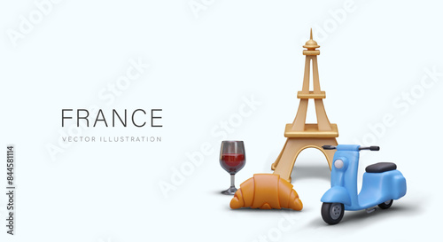 Vector poster with 3D symbols of France. Advertising of shopping, gastronomic, wine tours to Paris