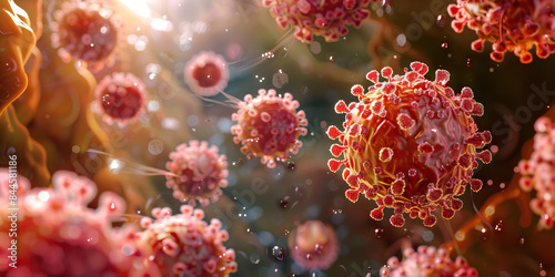 Bird Flu Virus: A detailed close-up of the H5N1 influenza virus, commonly known as bird flu, showing its spherical shape and surface proteins that enable it to infect birds and occasionally humans.