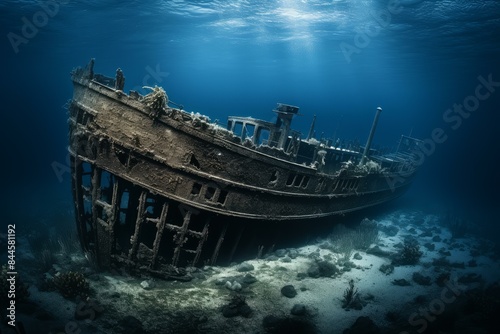 Rusted Sunken ship ocean tropical. Dive reef. Generate Ai photo