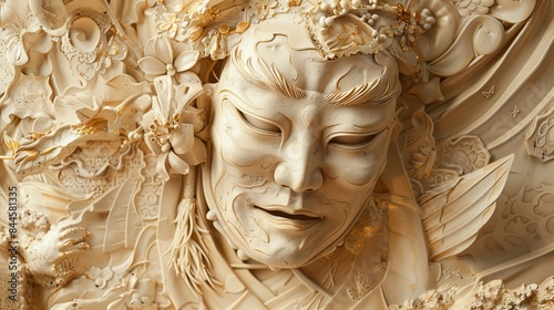Close-up of a volumetric stucco panel showcasing a Noh mask with delicate gold elements, with the soft outline of a Japanese theater in the background. photo