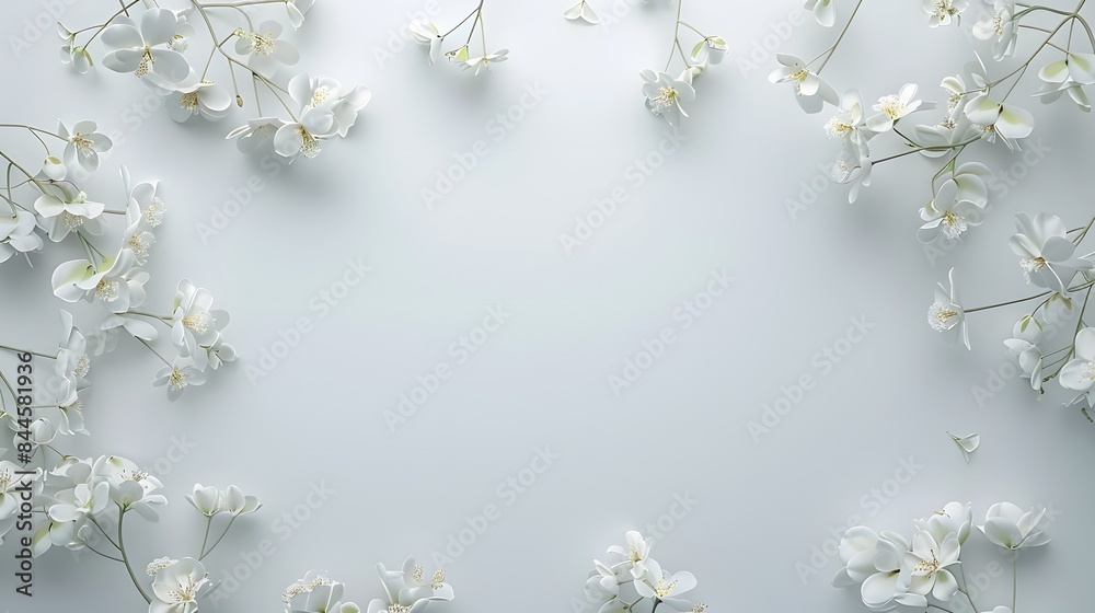 White flowers arranged in a circle frame on a light blue background. Perfect for spring or wedding themes. Blank space for text or logo. White flowers arranged in a circle frame on a light blue background. Perfect for spring or wedding themes. Blank space for text or logo.