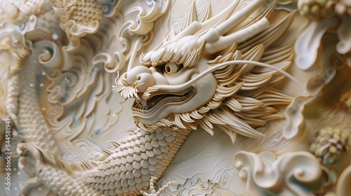 Close-up of a textured stucco panel showcasing a Japanese dragon with intricate gold detailing, against a softly focused backdrop of a traditional temple.