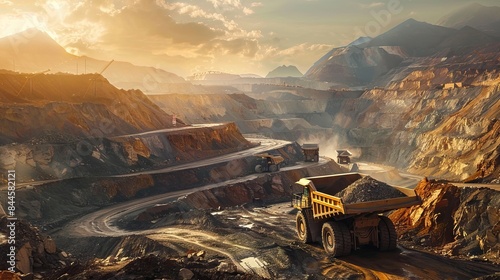 A vibrant sunset casts warm light over a large industrial mining site with heavy trucks and excavated earth photo
