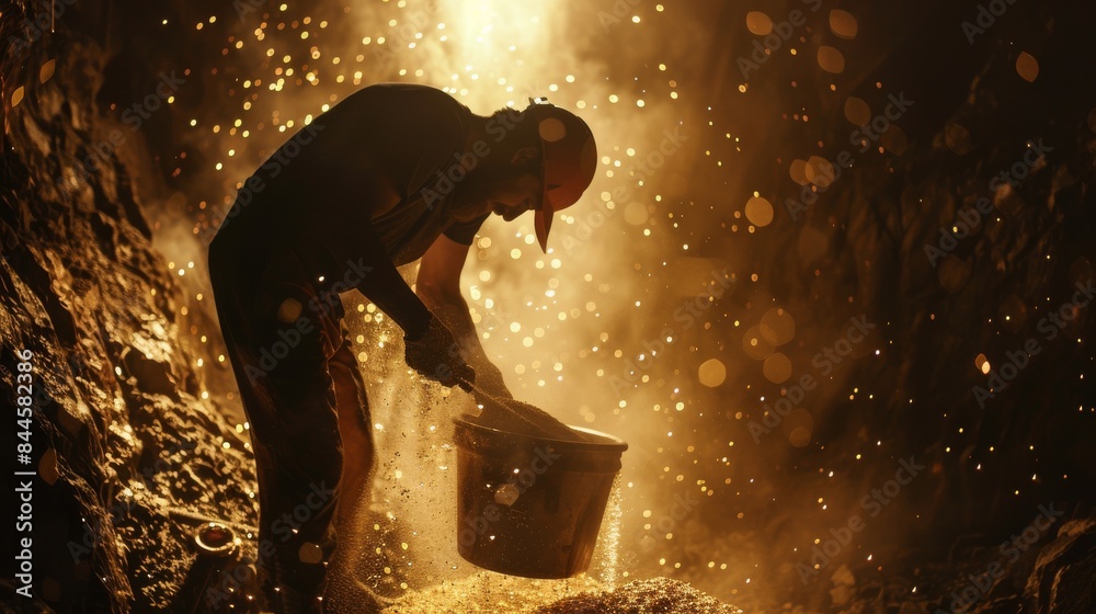 A miner with a helmet is working and carrying a bucket inside a cave filled with glowing golden sparks